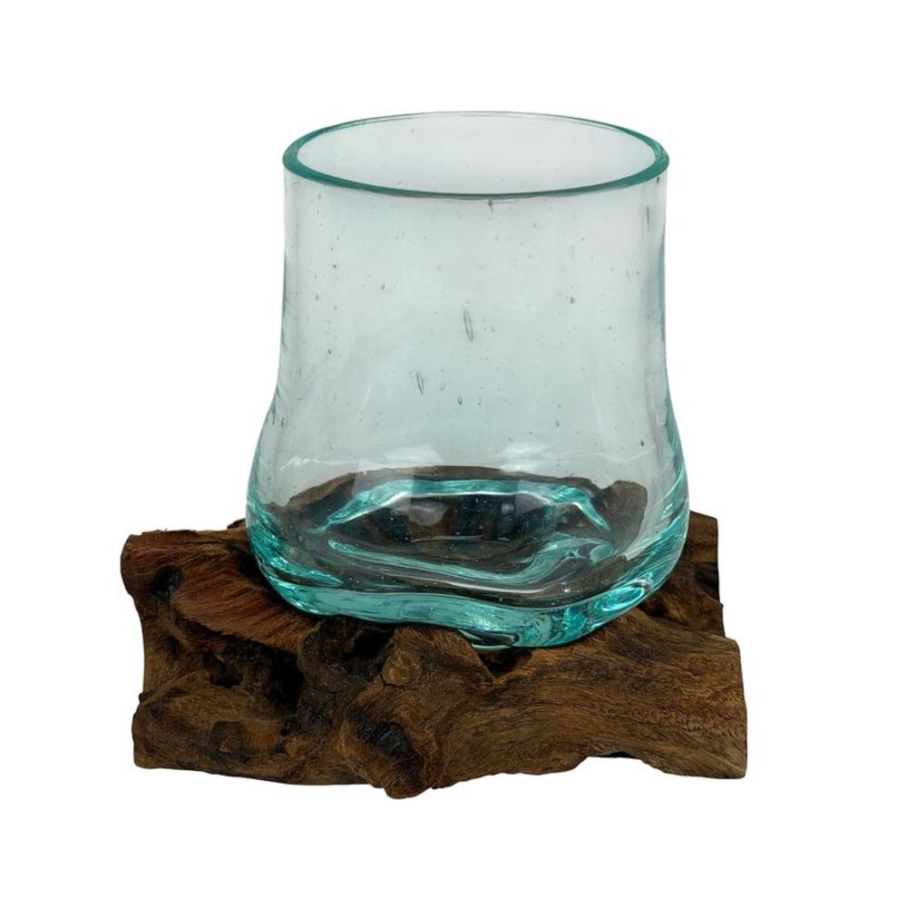 Decorative Glass Vase on Driftwood Base 5.25 in Natural Wood Tabletop